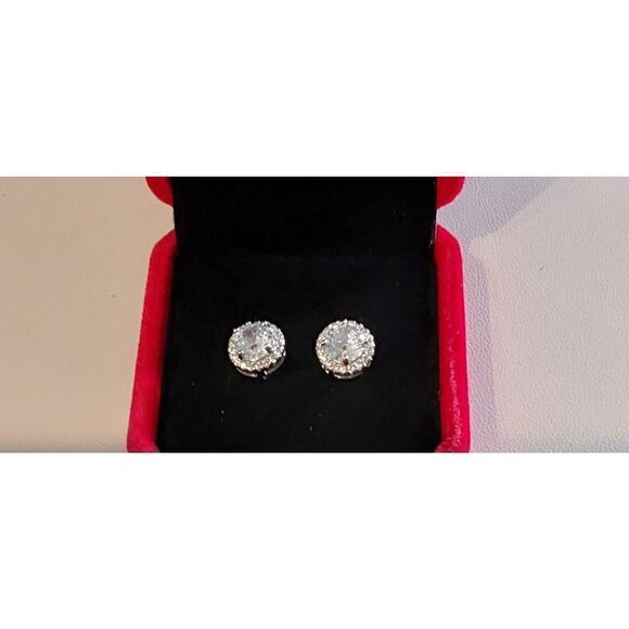Elegant New Round Cut Halo Design Sim Diamond Stud Earrings~925 Sterling Silver - Picture 2 of 2